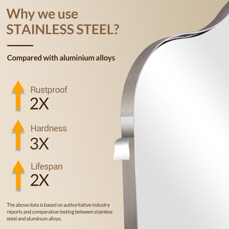 ANDY STAR Brushed Nickel Bathroom Mirror, 24x32 Scalloped Wall Mirror for Vanity, Curved Shaped Mirror for Entryway, Bedroom, Anti-Rust Stainless Steel Frame