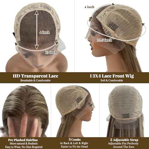 Belaved 22 Inch Ombre Lace Front Wig Human Hair 13x4 Straight Highlight Light Brown to Brown with Ash Blonde Lace Closure Wigs Human Hair for Women Real Brazilian Virgin Pre Plucked Hairline