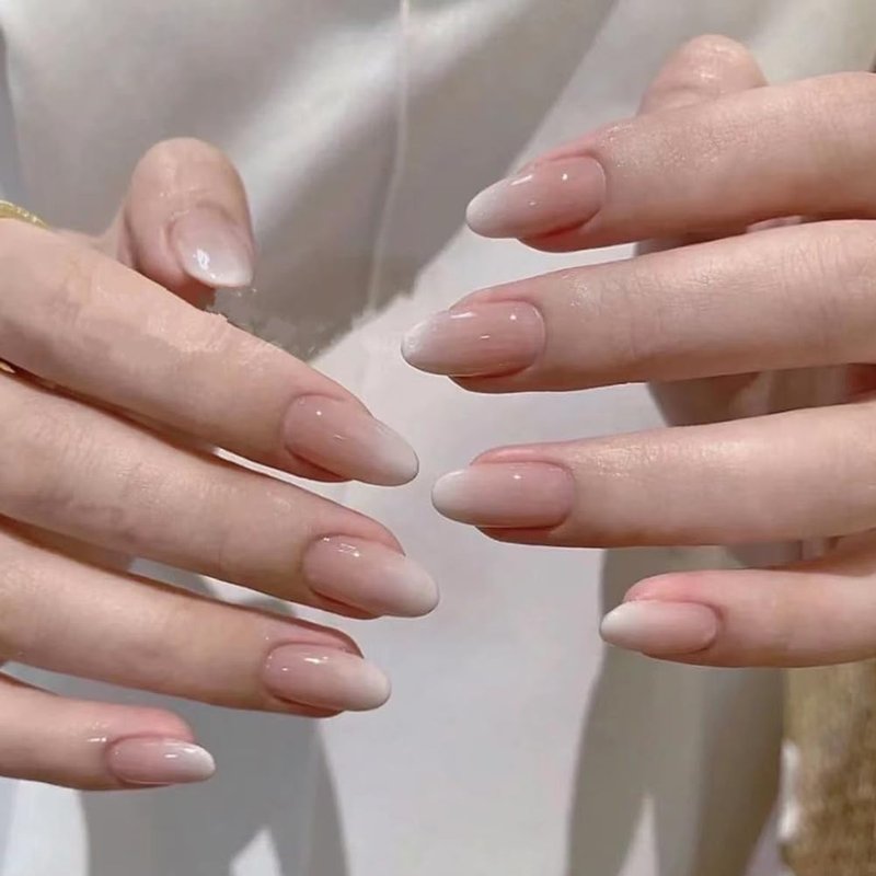 Nude Pink Press On Nails Short Almond White French-Style Gradient Stick On Nails Glossy Reusable Nail 24Pcs Fake Nails Kit Artificial Full Cover Stick on Nail for Women Girls Manicure