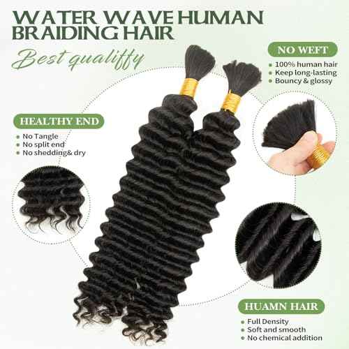 Water Wave Human Hair Bundles Natural Black for Braiding 22 Inch 2 Bundles No Weft, Curly Boho Braids Hair, Brazilian Virgin Hair Extensions (22In,1B)