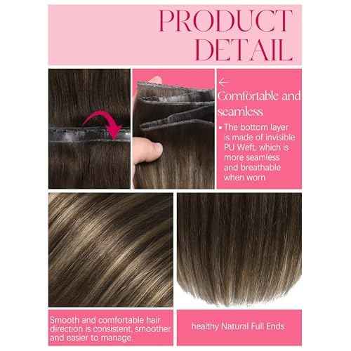Lacer Double Butterfly Weft Invisible Pu OVO Human Hair Extensions 16in Seamless Micro Beads Hair Extensions Glueless Chestnut Brown Mixed Dark Brown With Dark Brown Roots 100G Tape Width 31.5"