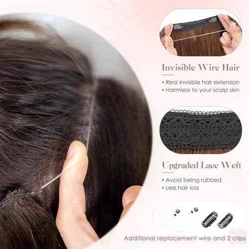 S-noilite Halo Hair Extension Invisible Wire in Real Remy Human Hair Extensions with Clips Adjustable Hidden Wire in Hair Extension for Women 18 inch Medium Brown