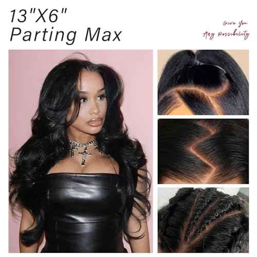 13x6 HD Lace Curtain Bangs Wig Human Hair 200% Density PartingMax Lace Wigs Bouncy Loose Wave Lace Front Wigs Human Hair Pre Cut Plucked Lace Frontal Glueless (Black Color, 16¡±)
