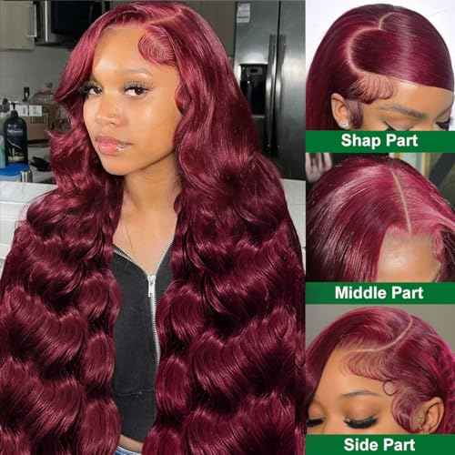 Body Wave 99j Burgundy 13x4 Lace Front Wig Human Hair 180% Density Glueless Burgundy Red Wigs Human Hair 99j Body Wave Wigs for Women 24 Inch