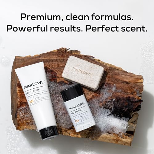 MARLOWE. Men's Grooming Santal Body Set, Features No. 102 Scrub Soap Bar, No. 024 Deodorant & No. 002 Body Lotion, Warm Amber, Sandalwood & Citron Scent