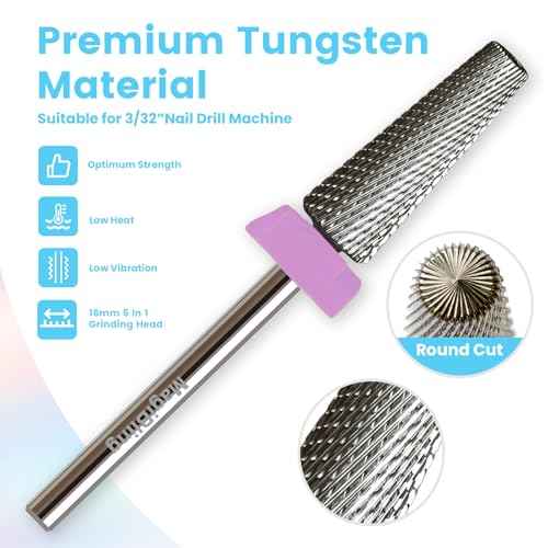 16mm 5 in 1 Tapered Barrel Nail Drill Bits, 3/32'' Safety Tungsten Carbide Bits for Professionals, Right & Left Rotation, Manicure Cuticle Gel Acrylic Removal Polishing, Technicians Bits, Double Fine.