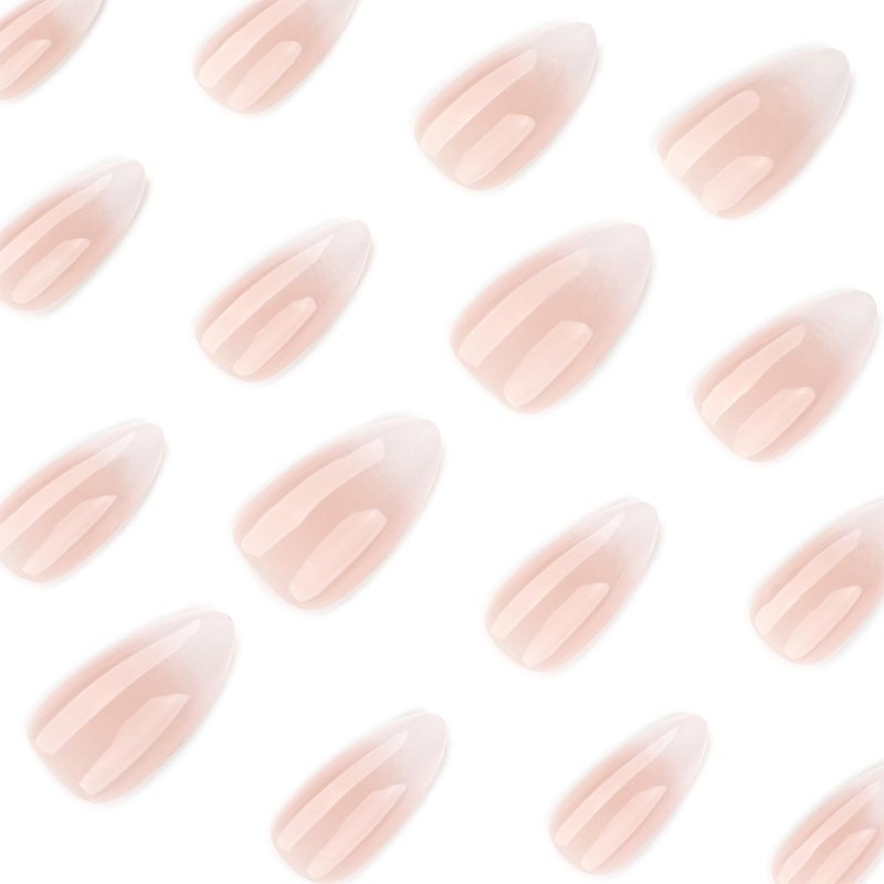 Skiennix French Tip Press-On Nails - Medium Almond Glossy Nude & White Designs | 24 Pcs Full Cover Set