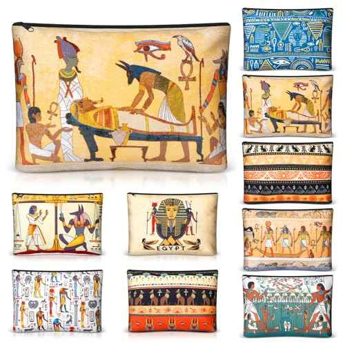 Kacctyen 9 Pcs Egyptian Makeup Bags Egyptian Gifts Cosmetic Pouch Ancient Egypt Canvas Purse Mythology Pharaoh Hieroglyphs Travel Toiletry Bag Gift for Egypt Lover