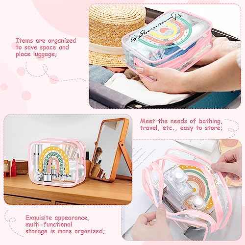 Hillban 12 Pcs Rainbow Clear Makeup Bag for Women Inspirational Quotes PVC Waterproof Cosmetic Bags Appreciation Travel Toiletry Pouch Gifts for Teacher Student Adults(Pink)