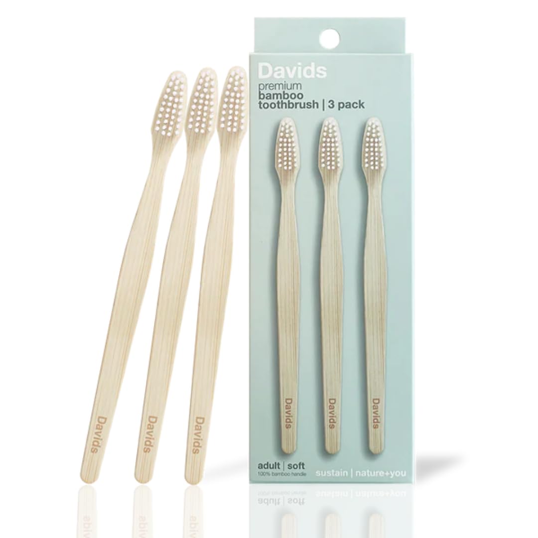 Davids Premium Bamboo Soft Bristle Toothbrush - 3 Pack | BPA Free, Eco-Friendly, Sustainable High Performance Bristles to Improve Oral Health Naturally | 100% Natural Bamboo Handle | Made in Germany
