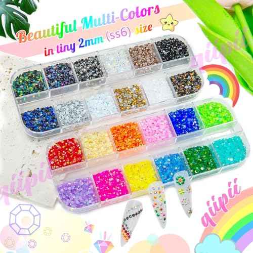 24 Color 2mm Small Jelly Resin Rhinestones for Bedazzling Crafting SS6 Tiny Flatback Stones Colorful AB Gems Diamonds Charms for Nails Eyes Face Makeup Tumblers Bottles DIY Crafts Clothes Shoes