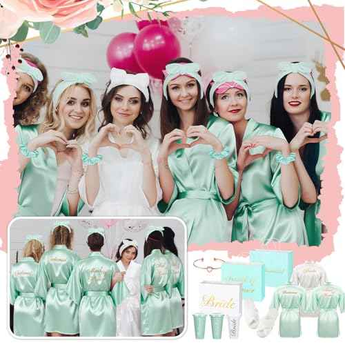 42 Pcs Bridesmaid Bride Robes Set of 6 Bridal Party Silk Satin Robes for Wedding Bachelorette Party Gifts (White,Sage Green)