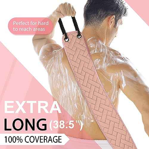 Exfoliating Back Scrubber with Upgraded Handles, 38.5 Inch Double-Sided Body Scrub Bath Exfoliator, Exfoliating Washcloth for Use in Shower, Back Washer to Deep Clean Your Skin for Men & Women (Pink)