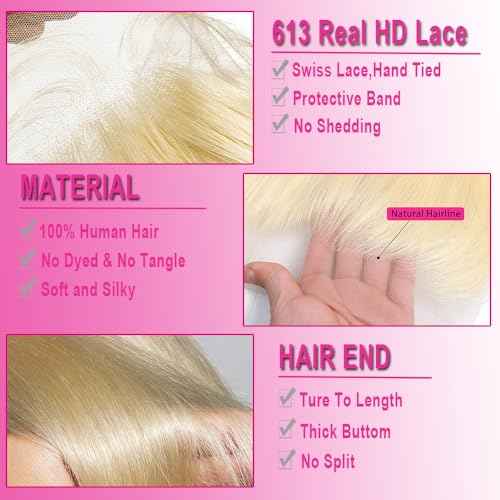 613 Frontal Straight 13x6 Transparent HD Lace Frontal Closure 12A Brazilian Virgin Remy Hair Free Part Ear to Ear Blonde Frontal Human Hair For Women Pre Plucked With Baby Hair 150% 14 Inch