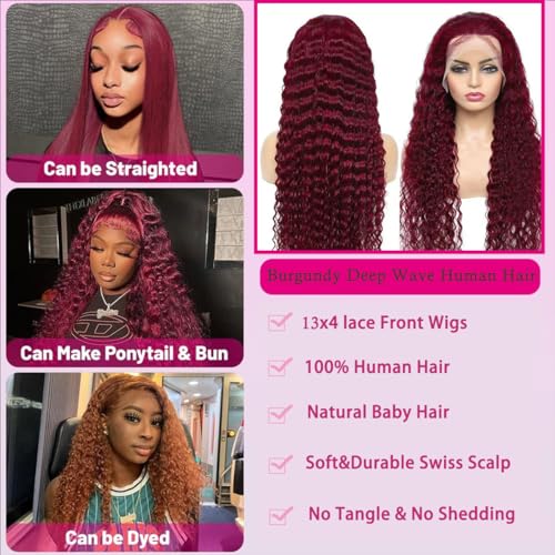 99j Burgundy 13x4 Lace Front Wigs Human Hair Deep Wave HD Transparent Lace Frontal Wig Human Hair 180% Density Glueless Wigs for Women (16inch)