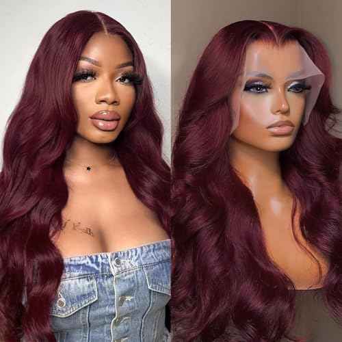 99j Burgundy Lace Front Wigs Human Hair Pre Plucked 20 Inch Long, Body Wave HD Lace Frontal Wig 13x6 Full Lace Frontal 99j Black Cherry Red Wigs, 12A 100% Real Brazilian Wigs Human Hair 180 Density