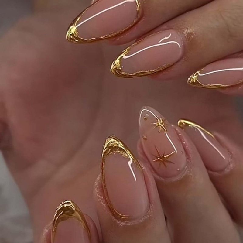 Press On Nails - Almond Acrylic Nails with Gold Line Design | 24 Pcs Glossy Full Cover for Women