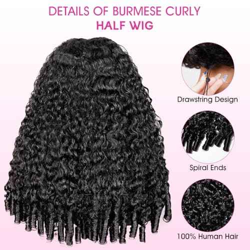 BGM GIRL 3 in 1 Burmese Curly Half Wig Human Hair Glueless Flip Over Half Wig with Drawstring Spiral Curly Ends for Women Easy Install Natural Black 180% Density 16 Inch