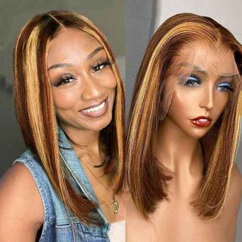 Highlight Lace Front Bob Wig Human Hair 16 Inch Ombre Honey Blonde 13x4 Hd Lace Front Wigs Human Hair Pre Plucked Middle Part 4/27 Colored Lace Frontal Wigs (Highlight 4/27, 16 Inch)