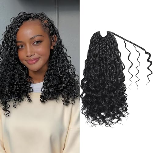 9 Packs Boho Box Braids Crochet Hair 14 Inch Pure Protein Fiber Similar to Human Hair Goddess Box Braids Crochet Hair With Curly Ends Pre Looped Bohemian Braid Hair Extension For Women(14 Inch, 1B)
