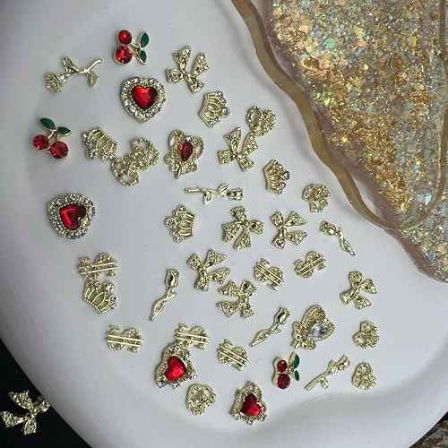 85 Pcs 3D Gold Nail Charms Y2K Bulk Nail Art Decor Set Nail Charms and Gems Including Heart Rhinestones for Nails, Cherries, Dollars, Roses, Crowns, and More for Nail Art Decoration Jewelry