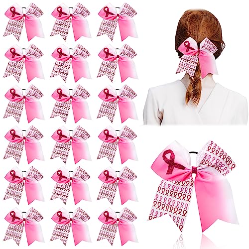 Retrowavy 18 Pcs 7 Inch Breast Cancer Awareness Cheer Bows Pink Ribbon Hair Bows Accessories Hair Tie Ponytail Holder Elastic Band for Teens Women Cheerleader Public Charity(Ribbon)