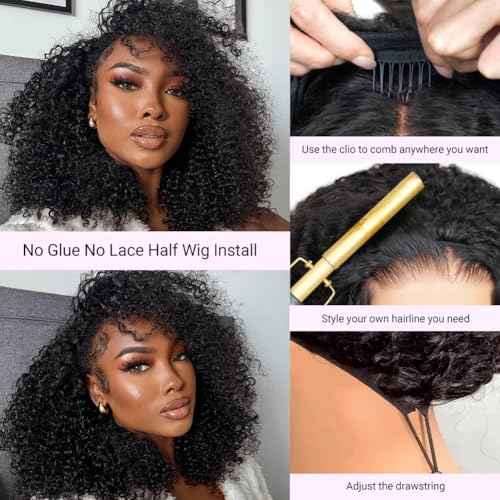 SUPERNOVA Curly Half Wig Human Hair 200 Density 3 In 1 Seamless Flip Over Glueless Wear And Go Beginner Friendly Kinky Curly Human Hair Half Wig With Drawstring Headband Wigs For Women 16 Inch