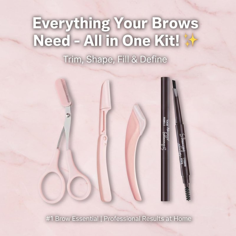 4-in-1 Brow Shaping Kit - Eyebrow Trimming, Shaping & Defining Set with Scissors, Razors, Pencil - Travel-Friendly, Beginner-Friendly