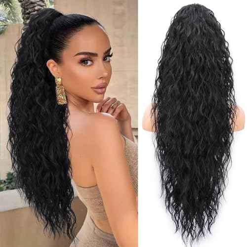Ponytail Extension, Claw Clip Ponytail Extension Long Black Curly Clip in Pony Tails Hair Extensions 30 Inch Synthetic Layered Fluffy Hairpieces for Women
