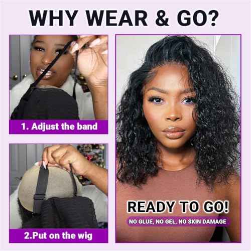 UCUVIC Glueless Wigs Human Hair Pre Plucked Pre Cut Wear And Go Curly 5x5 Water Wave Bob Wig Human Hair Lace Front Closure Wigs For Black Women 200 Density Curly Wig Glueless Wear And Go Black 14 Inch