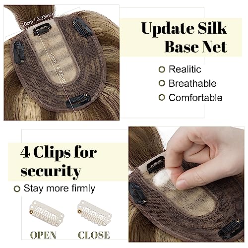 SEGO Hair Toppers for Women With Bangs Real Human Hair, 130% Density 10 * 12CM Silk Base Clip in Top Wiglet Hairpieces for Thinning Hair-6 Inch 4P27 Medium Brown&Dark Blonde