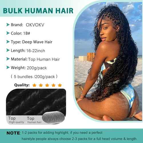 Human Braiding Hair for Boho Braids 200g 20 Inch Deep Wave Boho Hair for Braiding Curly Human Hair Extensions Knotless 12A Bulk Bohemian 5 Bundles/Pack Natural Color