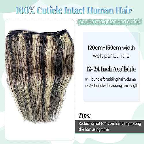Sew in Hair Extensions Real Human Hair, 20 Inch 100G Weft Hair Extensions Human Hair Bundles Natural Black to Blonde Highlights Hair Extensions Real Human Hair Weft Weave Bundles for Women