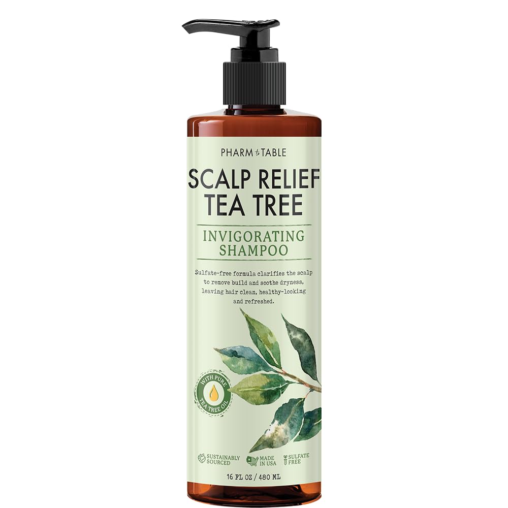 PHARM TO TABLE Tea Tree Shampoo For Men and Women, Deep Cleansing Sulfate-Free Formula - Relief for Dry Itchy Scalp - Infused with Tea Tree oil, Mint, Biotin and Vitamin E, 16.2oz