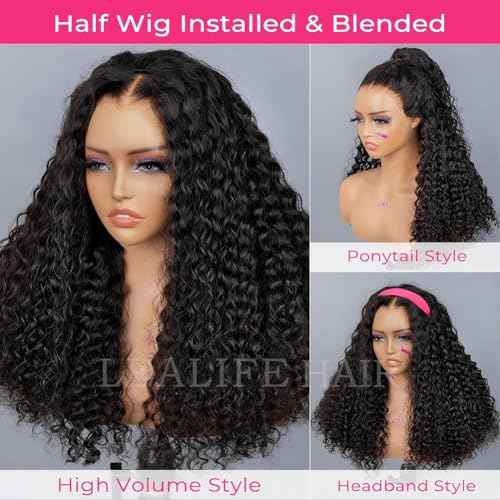 18 Inch Curly Half Wig Human Hair Deep Wave, All Hairstyles In One Curly Half Wigs, Flip Over With Adjustable String Invisilbe Hairline Beginner Friendly Headband Wig 200% Density