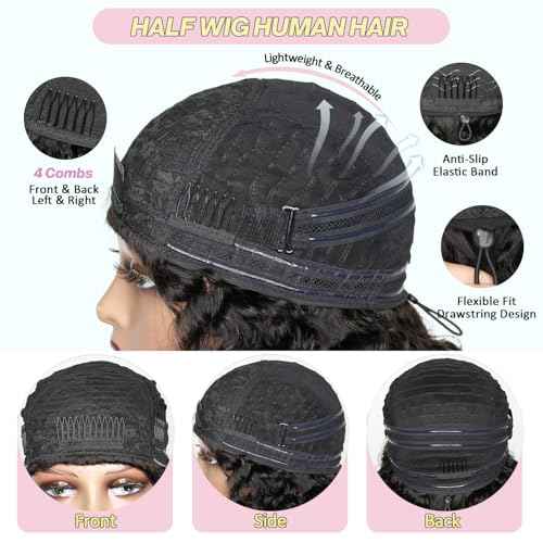 Half Wig Human Hair Burmese Curly Wig for Women 250% Density Wear Go Glueless Wigs Human Hair 3 In 1 Seamless Flip Headband Wig Hairline Beginner Friendly with Spiral End Natural Color 20Inch