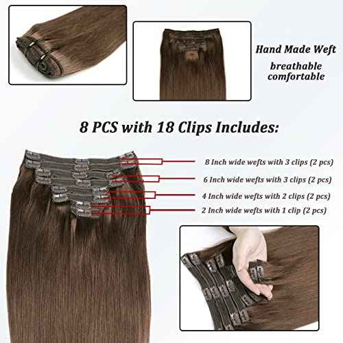 Clip in Real Human Hair Chocolate Brown Extensions 8 Pcs 120g Straight Remy Hair Extensions (4,20inch)
