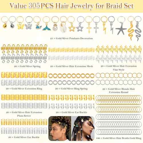 305PCS Gold Silver Hair Jewelry for Braids, Loc Jewelry for Hair Dreadlocks Braid for Women Men, Hair Cuffs Rings Charms Pendants Clips Dreadlock Decoration Accessories for Braided Hairstyles