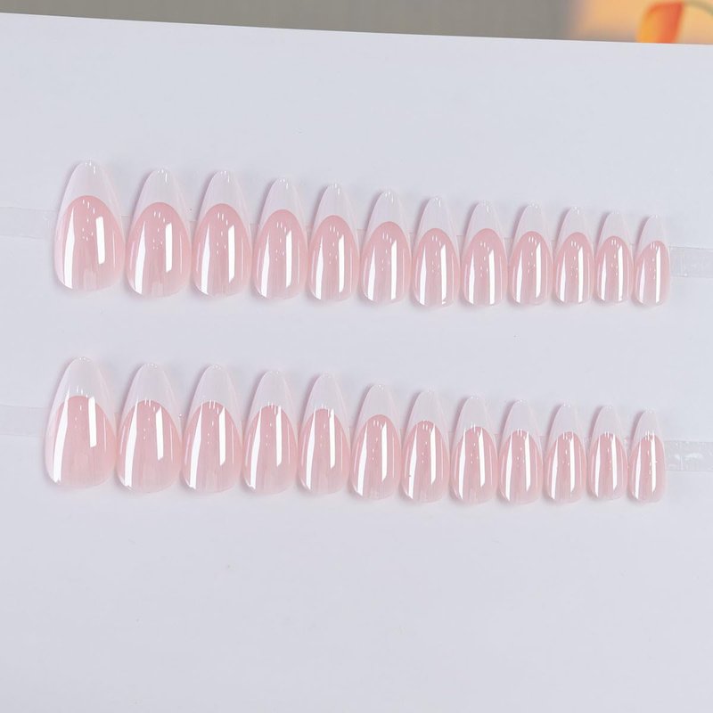 Almond Press On Nails - French Tip Fake Nails with Chrome Design | Medium 24 Pcs for Women