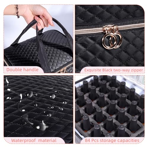 Nail Polish Organizer Case,3 Layers Nail Organizers and Storage With Detachable Holds 84 Bottles Nail Polish & Nail Lamp Large Nail Polish Organizer Bag ,for Manicure Tools, Nail Polish Kit (Black)