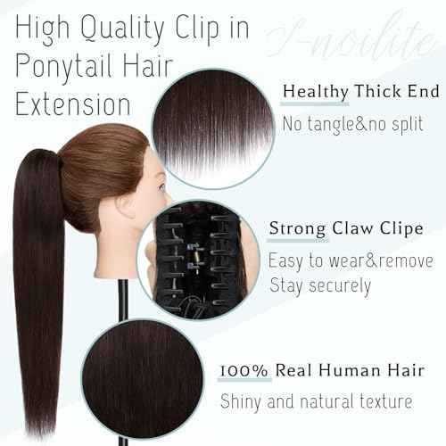 S-noilite Claw Clip Ponytail Extension Human Hair #2 Dark Brown Real Remy Human Hair Ponytail Extension 14inch Long Straight Hair Pony Tails Hair Extensions For Women 105Grams