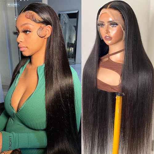 13x6 Lace Front Wigs Human Hair 180 Density HD Transparent Straight Lace Front Human Hair Wigs for Women Straight Lace Front Wigs Pre Plucked with Baby hair Natural Color (24 Inch)
