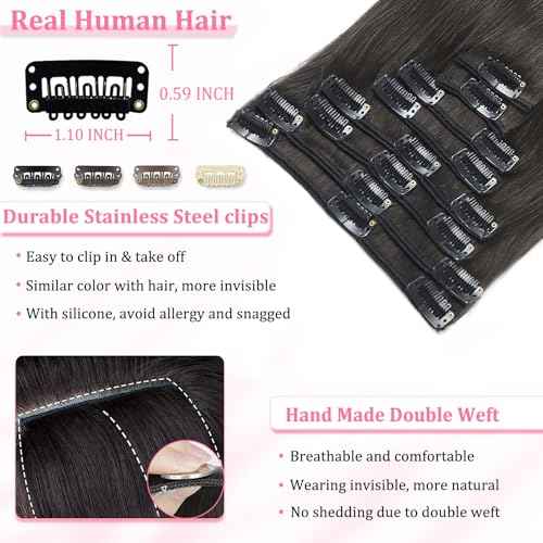 Clip in Hair Extensions Real Human Hair, Seamless Human hair Clip ins Extensions for Women Invisible Straight 8Pcs Double Weft 1B Natural Black 24inch 120g