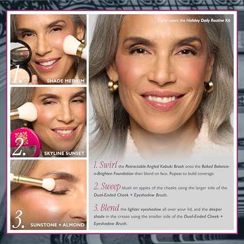 LAURA GELLER NEW YORK Holiday Daily Routine Kit | Medium | Limited Edition Makeup Set | Includes Baked Foundation for Mature Skin, Exclusive Blush, Eyeshadow, Retractable Kabuki Brush