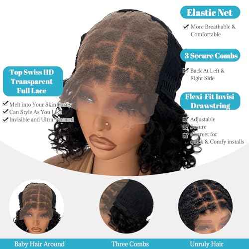 Bohemian Box Braided Bob Wigs Human Hair 5x5 HD Transparent Lace Closure 10 Inch 200% Density for Women Boho Knotless Box Braided Wigs with Baby Hair Lace Front Curly Bohemian Braids Bob Wig