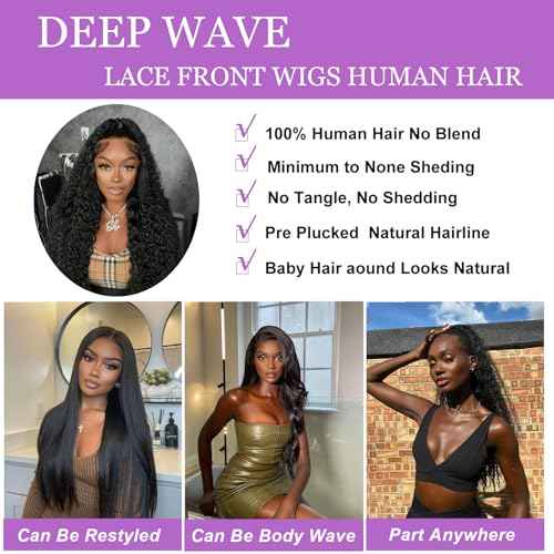 24 Inch Deep Wave Lace Front Wigs Human Hair 13x6 HD Real Human Hair Wig 12A Natural Black Glueless Curly Wig Human Hair Pre Plucked for Women Invisilbe Hairline Tiny Knots 200 Density Longer Life