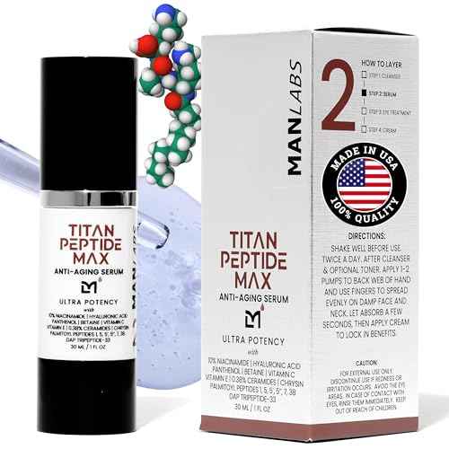Titan MAX Anti-Aging Peptides Serum for Face ? Ultra Potency Mens Peptide Serum Moisturizer ? Mens Skin Care ? Men, Dark Spots, Wrinkles, Fine Lines ? Peptides, 10% Niacinamide, HA ?Unscented