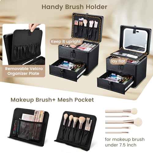 Makeup Case with Drawer, Detachable Lighted LED Mirror, Makeup Organizer Box Travel Make up Vanity Case Portable Cosmetic Train Case for MUA Lockable Makeup Suitcase with Adjustable Dividers