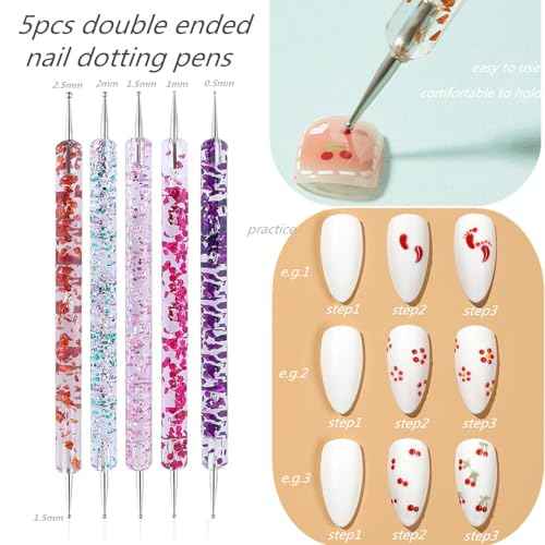 Nail Dotting Tools 10 Pcs Kit - 5 pcs Double-end Nail Dotting tools and 5 Pcs Nail Art Liner Painting Brushes