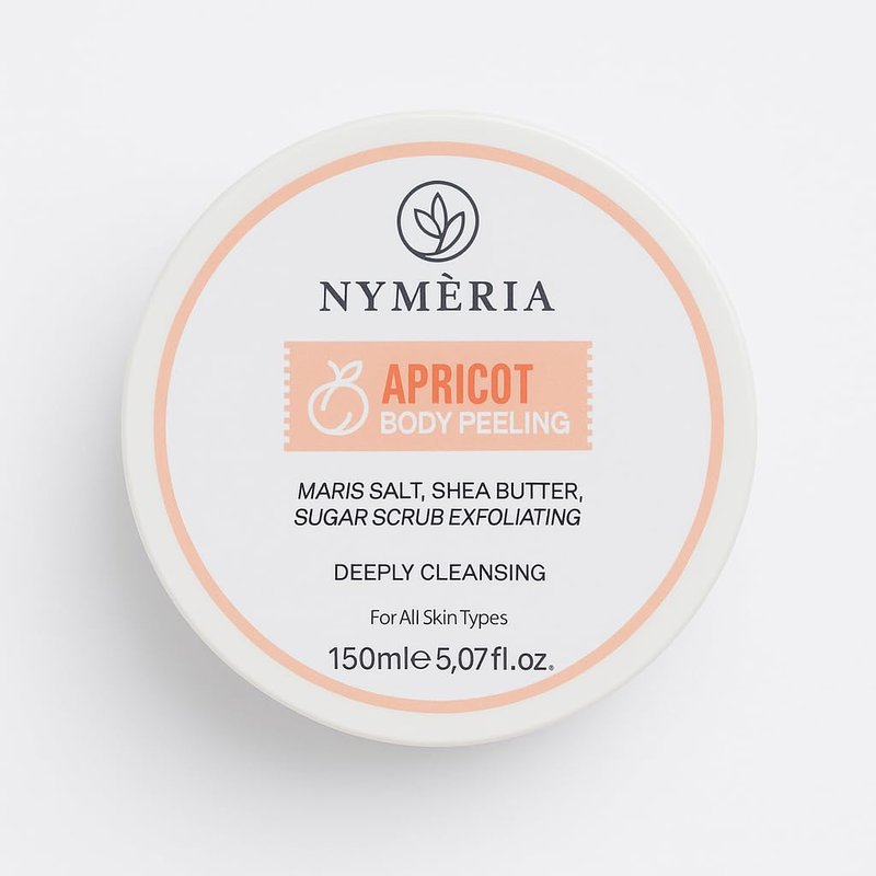 NYMERIA Apricot Body Peeling – Exfoliating Sugar & Salt Body Scrub with Shea Butter & Hyaluronic Acid, Deep Cleansing & Hydrating Formula for Smooth, Glowing Skin, 5 fl oz / 150 ml